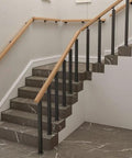 Heavy Duty Black Wrought Iron Balusters For Deck Stairs, Modern Indoor Outdoor Step Rails With No Sweat Flat Brackets installed on stylish staircase.