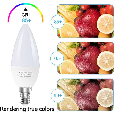 6-Pack E12 LED Candle Light Bulbs 60W Equivalent Non Dimmable Daylight 5000K CRI comparison with fruits and vegetables