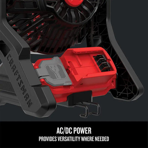 20V Max Cordless Fan Tool Only Red With 3 Speed Settings 240 Degree Pivot Head showing AC/DC power port detail