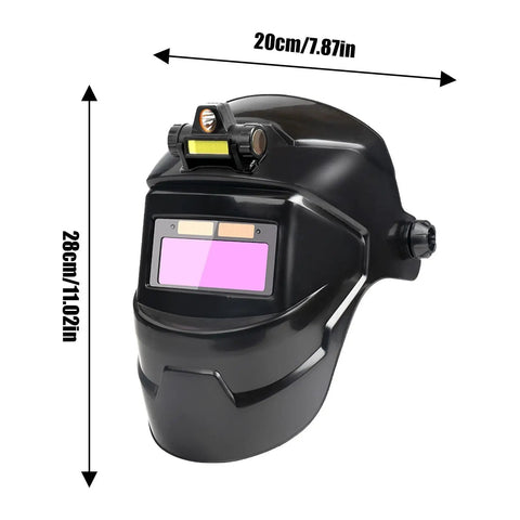 Auto Darkening Welding Hood With True Color Viewing System And Large Window, shown with dimensions 28cm x 20cm.