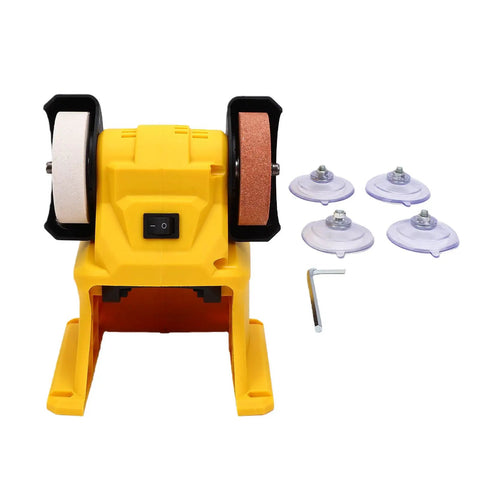 Depisuta Mini Bench Grinder 5500Rpm showing dual wheels, yellow body, and accessories for sharpening and rust removal.