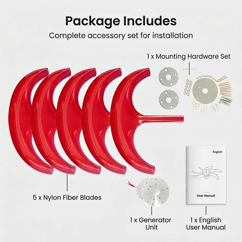 Package contents for 1000W Vertical Axis Wind Turbine Generator with 5 nylon blades, generator unit, and hardware set.