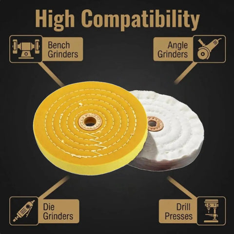 Super Thick 2 Pack 6 Inch Cotton Buffing Wheels Featuring 5/8 Inch Arbor Mount Heavy Duty White And Yellow Cotton Pads for various grinders.