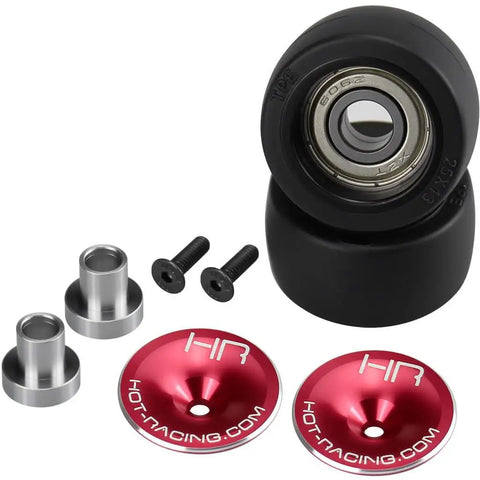 Beefed Up HD Bearing Wheelie Bar Wheels For Arrma Grom MT RC Car Bolt On Upgrade with bearings, screws, flanges, and red covers