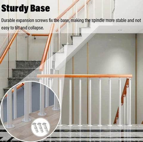 Heavy Duty White Stair Railing Posts And Spindles, 25 Pack Of 47 Inch Stainless Steel Balusters With Adjustable Brackets, Built Solid For Deck And Indoor Stairs, Gotta Love The Easy Setup, Top Tier Home Upgrade with sturdy base and expansion screws.