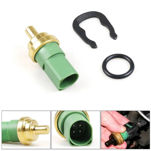 Schusspart TS477 engine coolant temperature sensor with green plastic housing, brass tip, O-ring and retaining clip