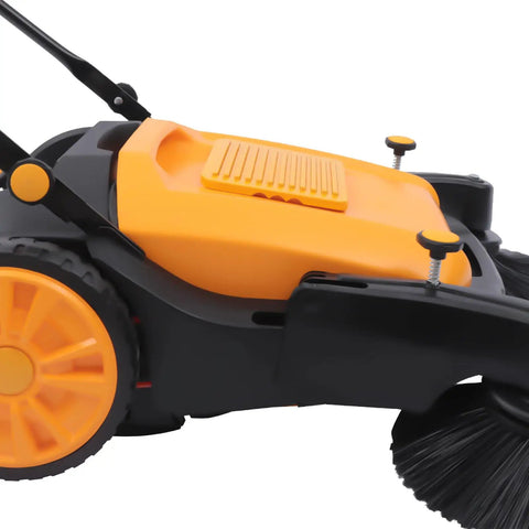 Industrial Push Broom Walker With Dual Steel Handles And Roomy Hopper Slays Leaves And Debris On Concrete Driveways While Delivering Badass Cleaning Power That Makes Tough Jobs Effortless For Homeowners, side view with yellow and black design.