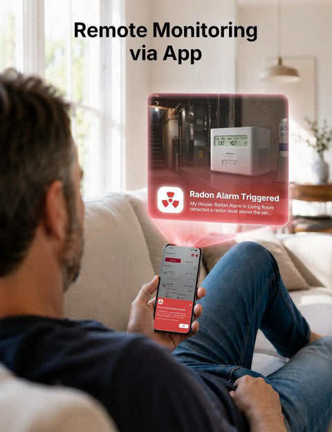 Man using smartphone to monitor Smart WiFi Radon Detector For Home With Instant App Alerts And Continuous Daily Trend Tracking To Keep Indoor Air Crisp And Your Place Hella Safe All Year Long.