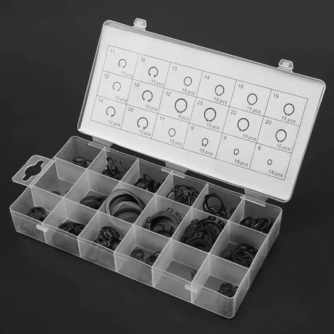 Heavy Duty Circlip Assortment With 225 Pieces In 18 Sizes Of Internal And External Snap Retaining Clips in transparent organizer.