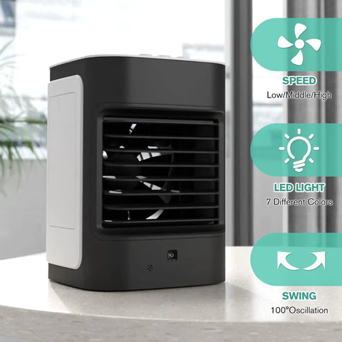 3-In-1 Mini Evaporative Air Conditioner Fan With USB Charging, Portable Personal Cooler, Black on table, showing features.