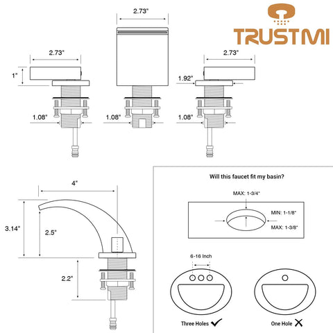 Diagram for Low Arc 8 Inch Widespread Matte Black Bathroom Faucet With 3 Hole Brass Wide Spout Waterfall Style, Double Handle Vanity Sink Tap, Includes Waste Drain, Solid Brass Construction, Sleek Dope Modern Square Design.