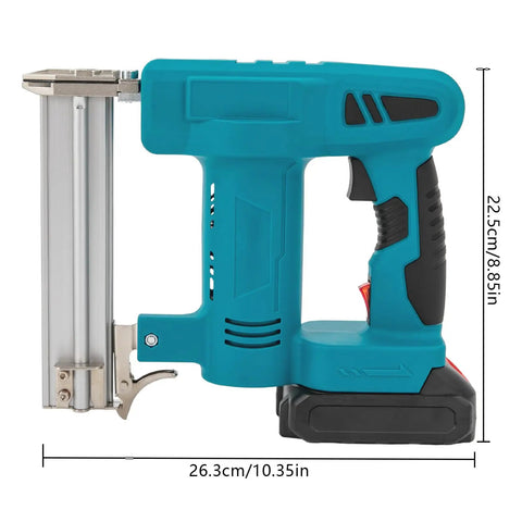 Top Shelf Cordless Brad Nailer 100W Copper Motor Shoots Smooth At 80 Nails Per Minute Rust Resistant Tip side view with measurements