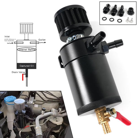 Universal Billet Aluminum Oil Catch Can Kit with 2 Port Breather Filter and Separator, compact fit for tight engine bays.