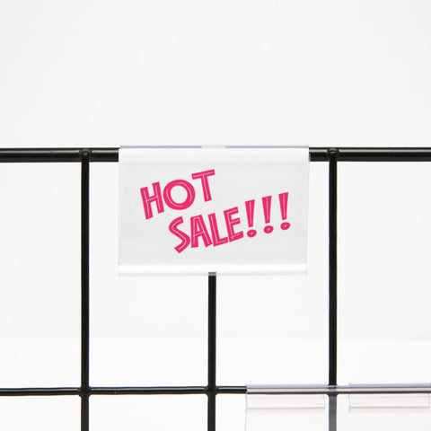 Clear Plastic Label Clips For Wire Shelves With 50pcs Merchandise Tags Transparent Storage Markers used for a sale sign on black wire rack.