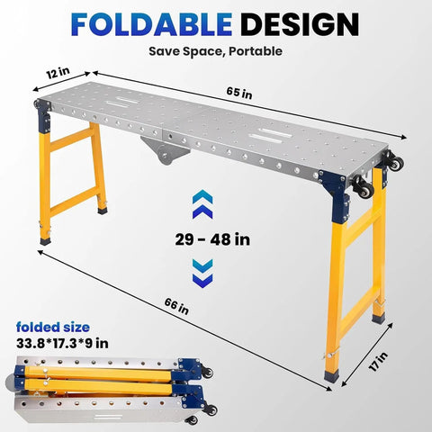 Heavy Duty Portable Welding Table Rock Solid Shop Workstation With Hella Stable Casters 4000 Lbs Load Capacity showing foldable design dimensions.