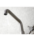 Close-up of spout and handle of No-Drip Two-Handle Wall Mount Kitchen Faucet in Brushed Nickel, Solid Brass, Ceramic Disc Cartridge