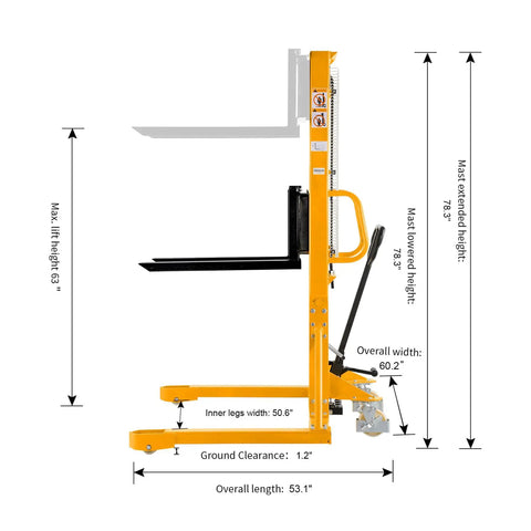 Industrial Grade 1100 Lb Hand Pallet Stacker With Adjustable Straddle Legs And A Sixty Three Inch Max Lift Height side view with dimensions
