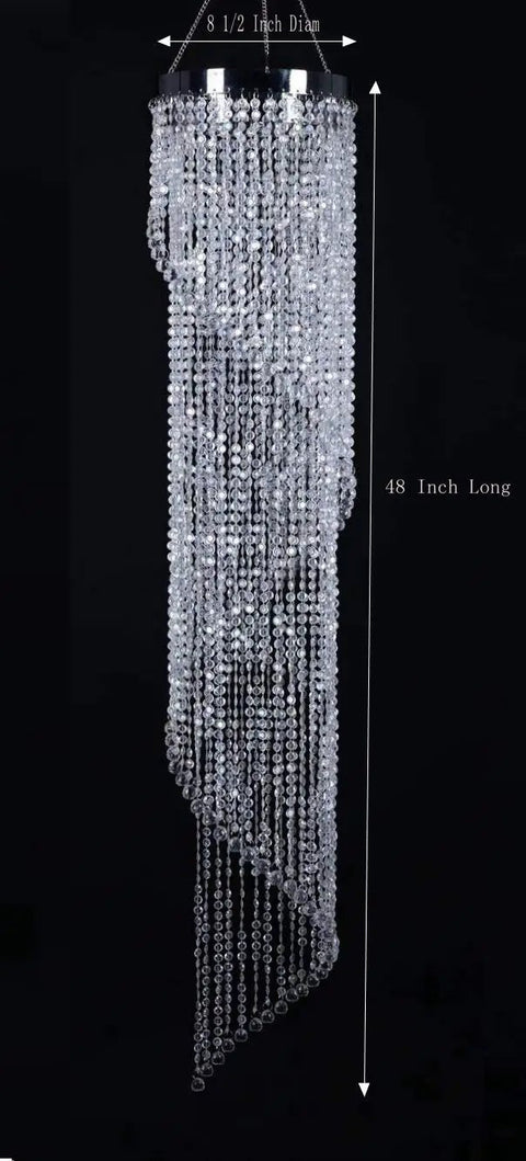 Faux Crystal Sparkling Iridescent Spiral Beaded Chandelier ready to hang, 8.5 inch diameter and 48 inch length, for wedding decor.