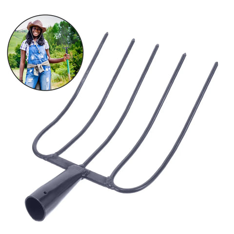 Sturdy Iron Manure Fork Handle For Horse Tools And Lawn Care, heavy-duty iron fork head with long prongs, dark blue color