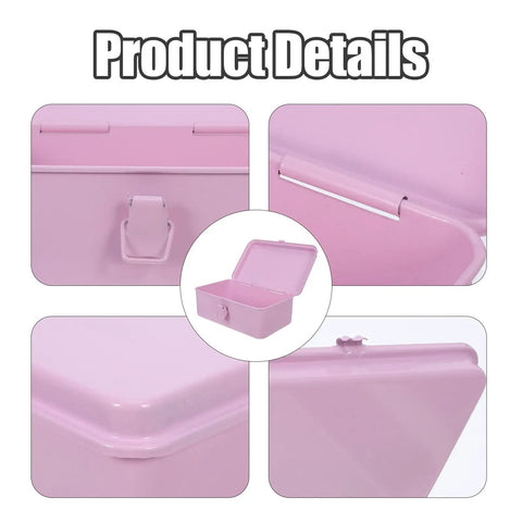 Product details of Badass Pink Metal Toolbox With Reliable Locking Latch showing lid, latch, and interior design in pink.