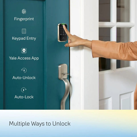 Next Level Fingerprint Deadbolt With Wi Fi Smart Lock And Touchscreen Keypad showing various unlocking options on a teal door.