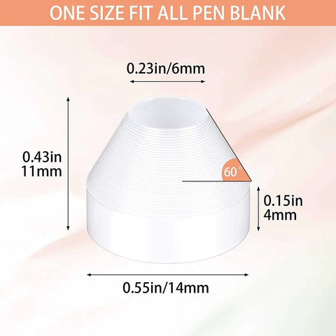 Nonstick Pen Bushings For Finishing Pen Turning 20 Pieces White For DIY Enthusiasts And Hobbyists with dimensions and angle view.