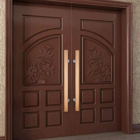 Heavy Duty H Shaped Door Pull Bar With Real Beech Wood Knobs And Dead Nuts Secure 304 Steel Connector For Glass Doors Saunas, brown double doors with wooden handles.