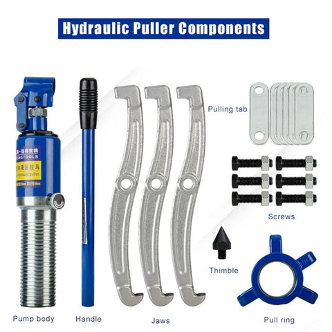 Hydraulic puller components including pump body, handle, alloy jaws, screws, thimble, and pull ring for Rugged 5 Ton Hydraulic Gear Puller.