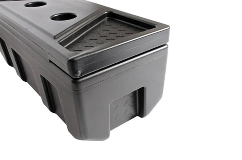 Beefy Poly Plastic Storage Chest With Double Wall Lid And Built In Cup Holders With Secure Locking Tabs For Truck Bed Hauling And Gear Stash Thirty Five Inch Organizer close up of built-in cup holders and double wall lid.