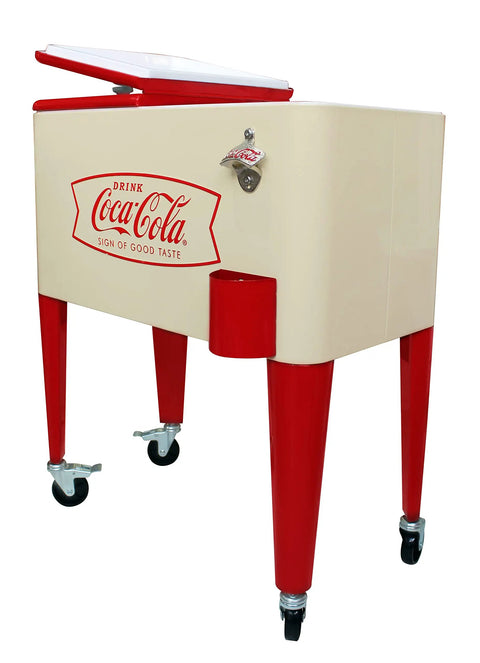 Creamfish 60-Quart Vintage Style Wheeled Cooler With Split Top Lids shown from the side view with red legs and Coca-Cola logo.
