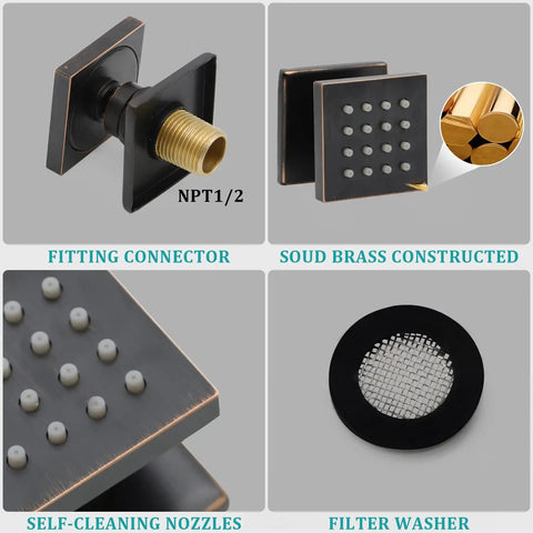 2 Inch Brass Square Massage Shower Body Sprayer Jets In Oil Rubbed Bronze Set Of 6 With Dope Adjustable Up Down Left Right Rotation And Concealed Installation For Modern Bathrooms showing fitting connector, solid brass, self-cleaning nozzles, and filter washer features.