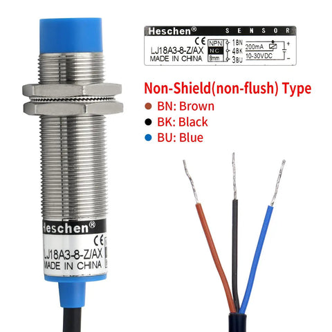 Inductive Proximity Sensor Switch M18 Non Shield Type With 8mm Sensing Range, 10 To 30V DC, 200mA, NPN Normally Closed Three Wire, Blue Housing, 18mm Mounting Hole, LJ18A3 8 Z AX Compatible Workhorse For Industrial Automation, blue cable wires