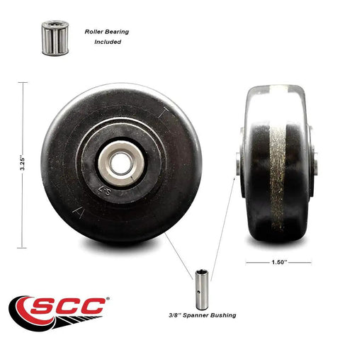 Tough As Nails Phenolic Caster Wheel Three Point Two Five By One Point Five Inches with roller bearing detail and 3/8 inch bore.