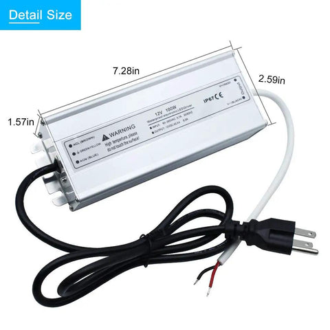 All Weather 100W 12V DC LED Driver Power Supply IP67 Waterproof Outdoor Transformer with cable and three prong plug