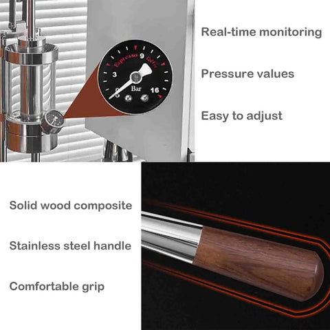 Close-up of visual gauge on Straight Up Manual Espresso Machine With 16 Bar Pressure Lever Operated Design for precise brewing.