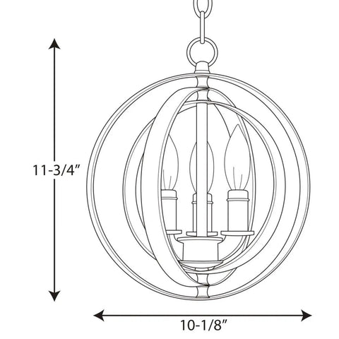 Line drawing of Astronomy Inspired Equinox Three-Light Sphere Pendant In Burnished Silver with dimensions and concentric ring design.