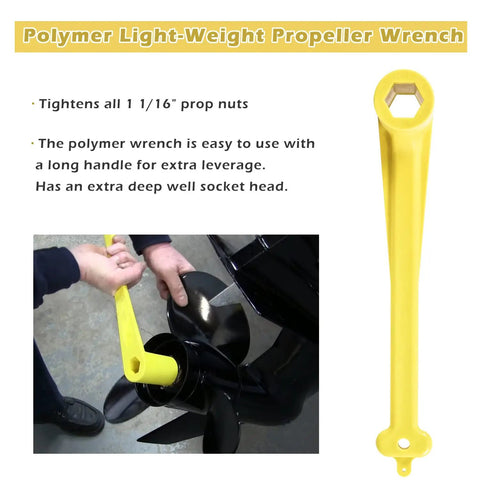 Lightweight polymer propeller nut wrench being used on boat motor, showing long handle for leverage and rustproof yellow plastic