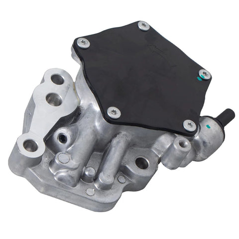 Brake vacuum pump with aluminum body and black top cover secured by four screws