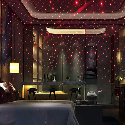 USB Star Projector Night Light With Bendable Arm, Portable Mood Maker in bedroom with red starry glow, adjustable lighting