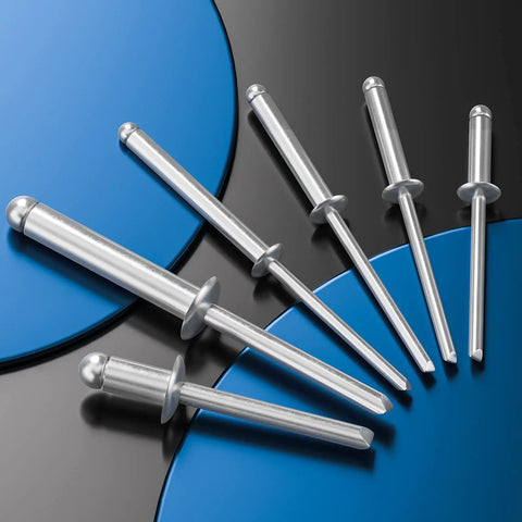 Pro Grade Aluminum Blind Rivets Kit With Aluminum Grip And Steel Mandrel Set 80 Piece Fasteners displayed on blue and black background