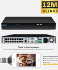 Front and back view of a 12MP Ultra HD NVR security system with multiple ports and mobile viewing setup instructions.