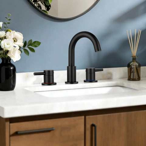 Black 8 Inch Widespread Bathroom Faucet For 3 Hole Sinks With Pop Up Drain, shown on white sink, blue and red handle rings.