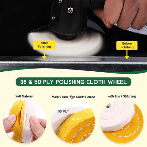 Badass 3 Inch Buffing Polishing Wheel Kit Featuring Workhorse Sisal Denim And Ultra Plush Cotton Buffer Discs Paired With Classic Brown Tripoli White Diamond And Green Rouge Compounds For Shop Grinding Tasks showing polishing wheels and polishing process.