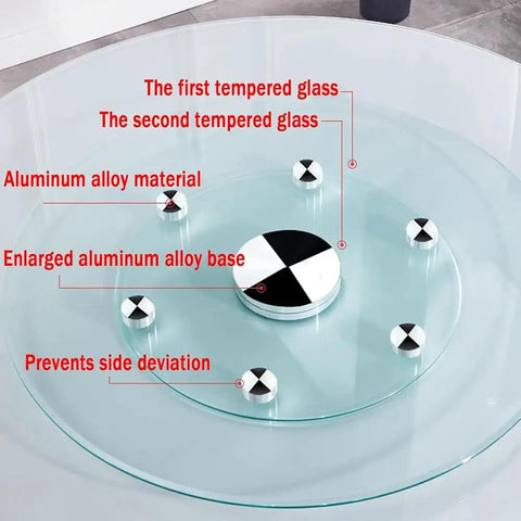 Premium Tempered Glass Lazy Susan Turntable Serving Tray For Dining Tables And Party Crews Featuring Silky Swivel Spin And No Sweat Washup At Thirty Four Inches Across with aluminum alloy base.