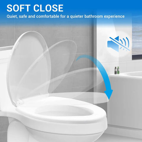 Round Toilet Seat 16.5 Inch Soft Close White Plastic With Rock Solid Mounting That Stays Put All Day Long Smooth Close Action Quick Install Job Total Bathroom Glow Up For Your Home in a bathroom setting.