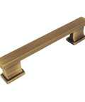 25 Pack Brushed Antique Brass Contemporary Cabinet Hardware Handle Pull 4 Inch Hole Centers Five Sixteenth Inch Length One Half Inch Width One Inch Projection Includes Mounting Screws Great For Kitchen And Bath Cabinet Upgrades shown in close-up.