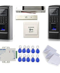All In One Biometric Fingerprint And RFID Access Control Kit With Password Option, includes magnetic lock, key fobs, and cards.