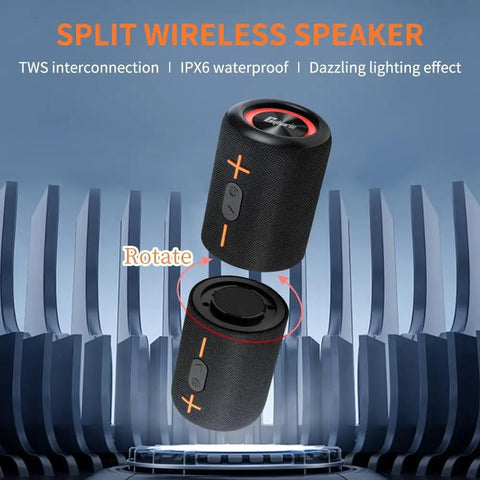 Split view of Two In One Portable Splittable Bluetooth Speaker Waterproof Bluetooth 5.3, 20W Loud Stereo Sound, black design.