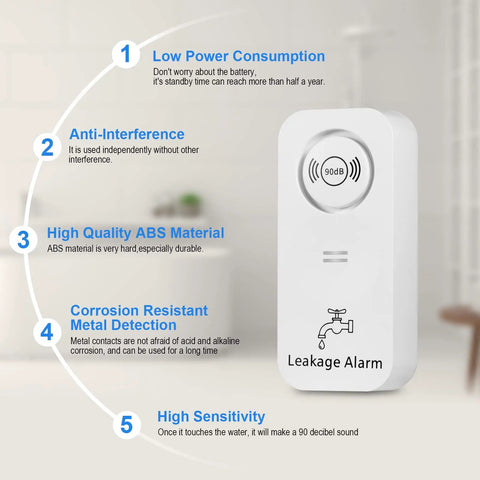 Wireless Water Leak Detectors With 90dB Alarm showing design features; high quality ABS material, corrosion resistance.