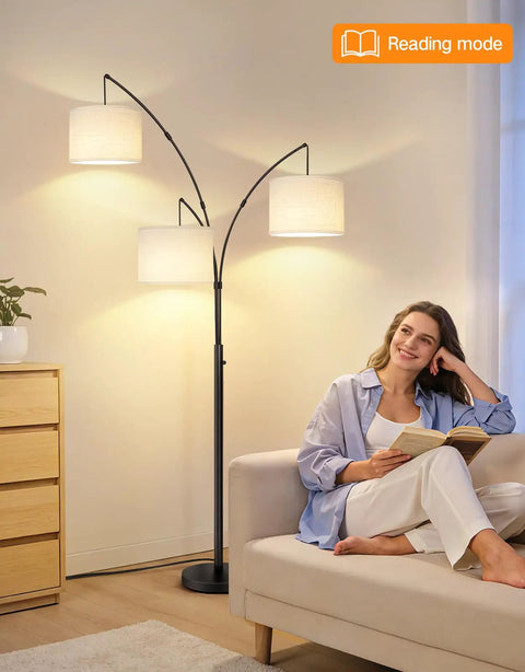 Arc LED Floor Lamp With Three Light Heads, 81 Inch Tall Black Modern Standing Lamp With White Shade, 2400 Lumens in a cozy nook